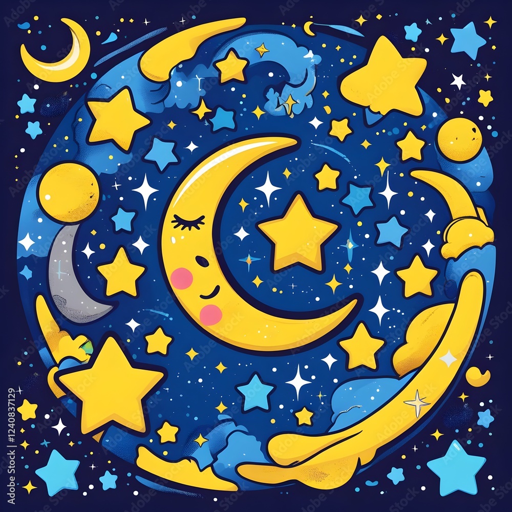 Crescent Moon and Stars with Blue Background Crescent Moon and Stars with Blue Background