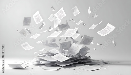A dynamic scene of floating white papers with printed text, scattered mid-air against a pristine white backdrop, symbolizing paperwork overload and stress. 3D Rendering.
