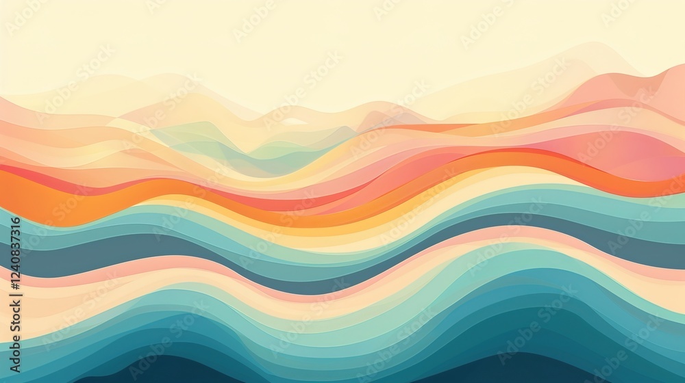 Fototapeta premium Unleashing Nostalgia: The Allure of an Abstract Horizontal Background with Colorful Waves in Retro 60s - 70s Style and Pastel Colors