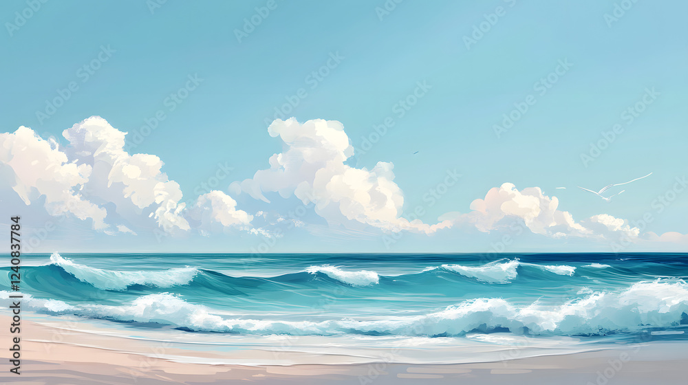 Fototapeta premium A pastel blue beach scene with soft waves and clear skies.