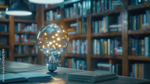 glowing light bulb with network connections symbolizes knowledge and innovation in library setting. Bookshelves filled with books create scholarly atmosphere