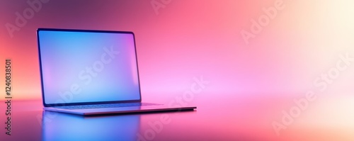 A sleek laptop sits on a reflective surface, illuminated by vibrant pink and blue gradient lighting, creating a modern and stylish atmosphere.