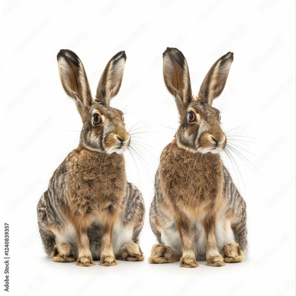 Two alert european hares sitting side by side against a clean white background Two alert european hares sitting side by side against a clean white background