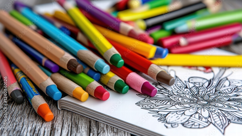 Naklejka premium Colorful Art Supplies and Detailed Coloring Page on Wooden Background