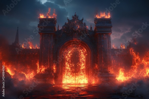 Fiery gates surrounded by flames at twilight create a dramatic and intense atmosphere in a dark fantasy landscape photo