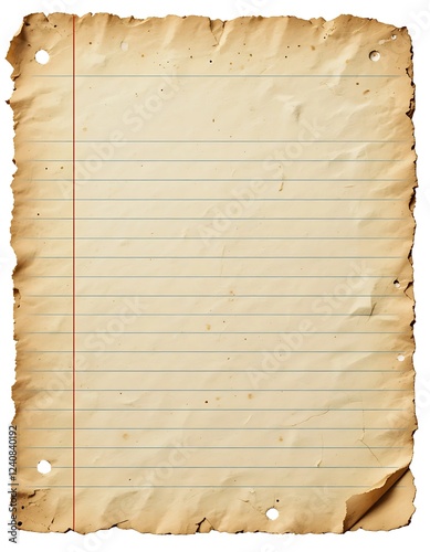 A Torn vintage lined notebook paper with distressed edges and a textured surface Isolated on White background photo