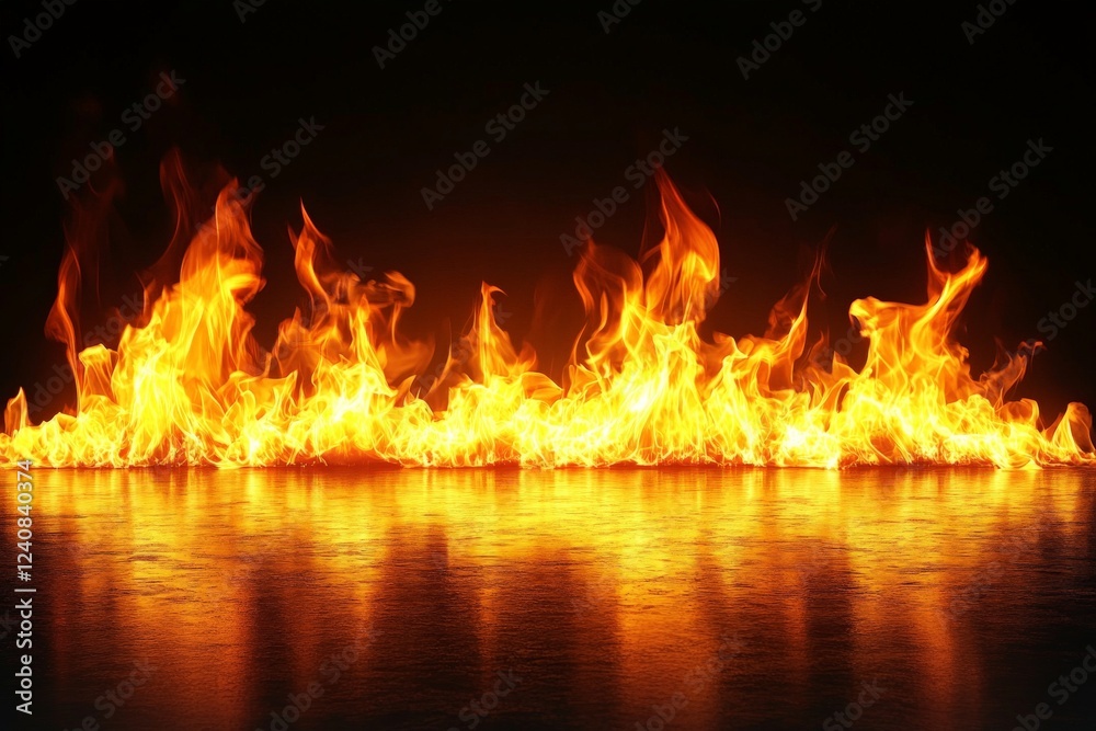 Bright flames rise from a reflective surface, creating an intense and dramatic atmosphere in a dark setting Bright flames rise from a reflective surface, creating an intense and dramatic atmosphere in a dark setting