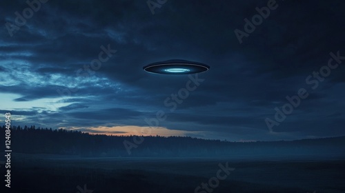 Mysterious flying object hovering over a forested landscape during twilight hours