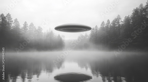 Mysterious spaceship hovers above a foggy lake surrounded by tall trees at dawn