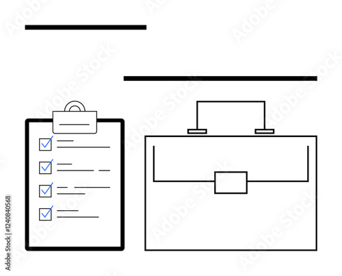 Clipboard with completed checklist and briefcase outline. Ideal for business planning, task management, productivity tools, career goals, organization concepts, time management, abstract line flat