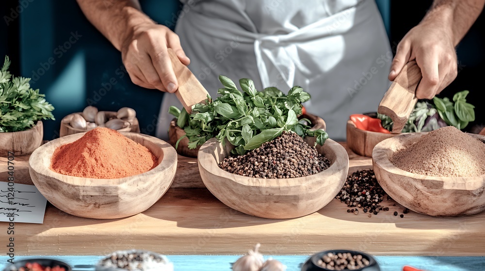 A chef preparing fresh herbs and spices in a vibrant kitchen, showcasing colorful ingredients A chef preparing fresh herbs and spices in a vibrant kitchen, showcasing colorful ingredients