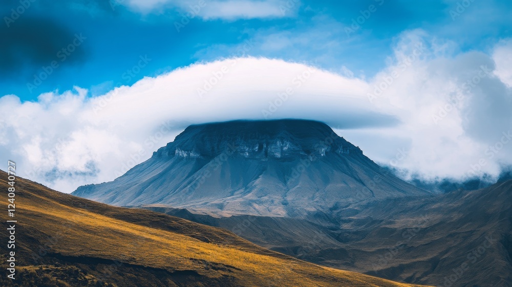 Majestic mountain with a cloud cap under a bright blue sky in a serene landscape Majestic mountain with a cloud cap under a bright blue sky in a serene landscape