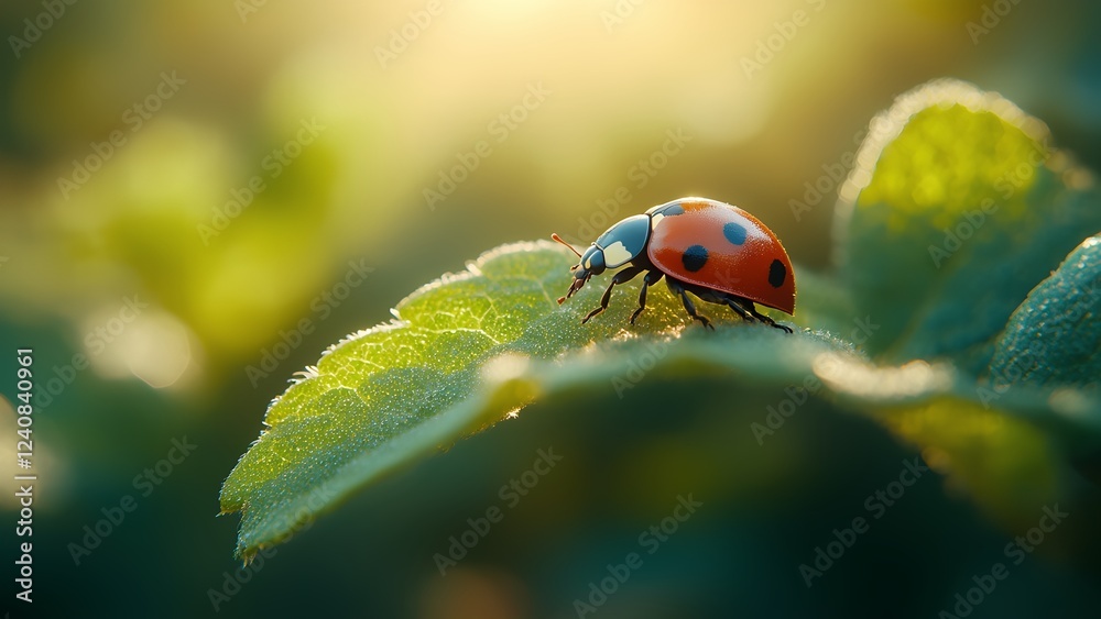 Naklejka premium Ladybug on a Fresh Green Leaf in Spring Sunshine