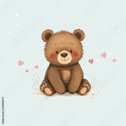 A cute brown teddy bear with rosy cheeks sits on a soft pastel background. Small pink hearts float around, adding a touch of sweetness.