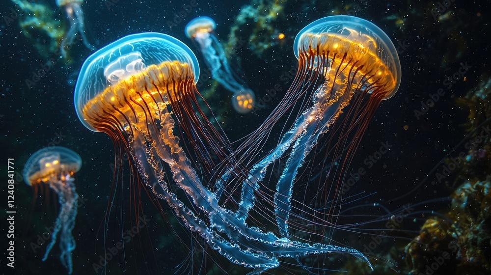 Naklejka premium Two luminous jellyfish gracefully swim in dark ocean depths