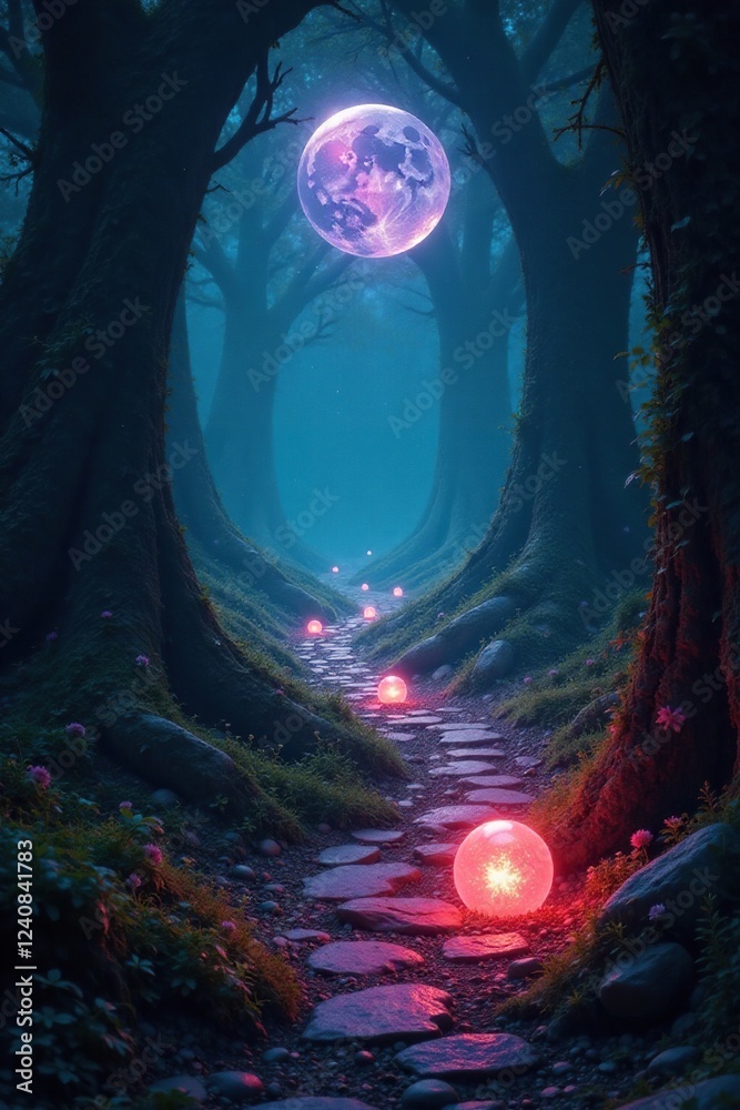 Obraz premium mysterious glowing orbs illuminate a labyrinthine path, ethereal, seductive, magical