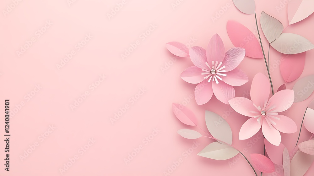 Pink paper flowers, pastel background, greeting card Pink paper flowers, pastel background, greeting card