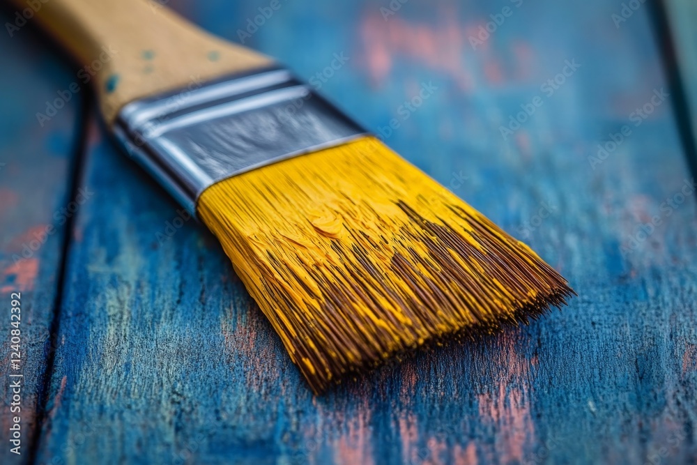 Fototapeta premium Close-up of a paintbrush resting on a vibrant wooden surface during an artistic project