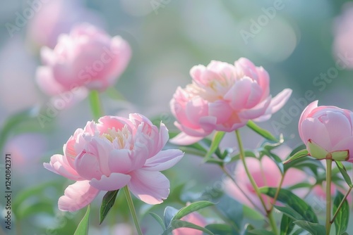 Beautiful pink peonies blooming in a garden, illuminated by gentle sunlight photo