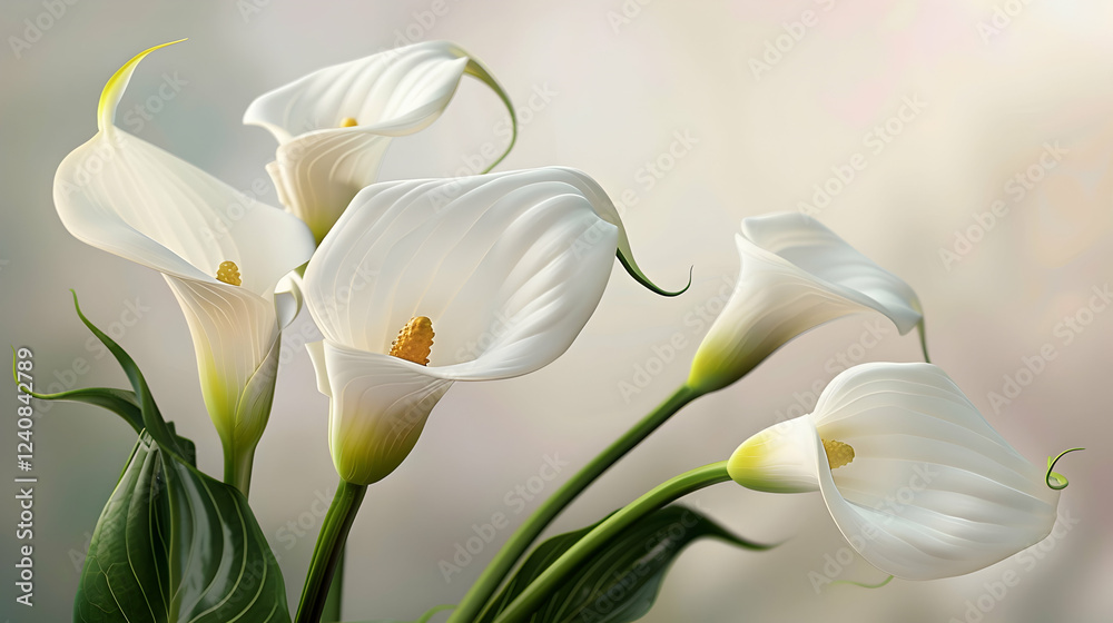 Fototapeta premium Elegant arrangement of white calla lilies in soft natural light, creating a serene atmosphere