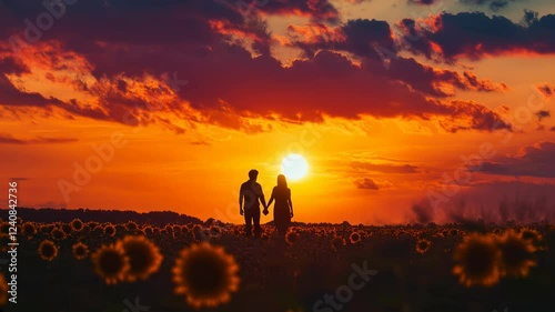 Wallpaper Mural Silhouette of couple walking hand in hand through sunflower field at sunset. Torontodigital.ca