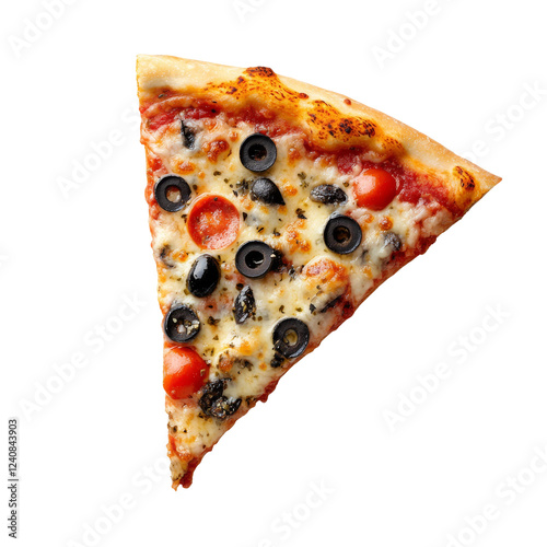 Slice of pizza with olives and tomatoes on transparent background ready for delivery or menu design
