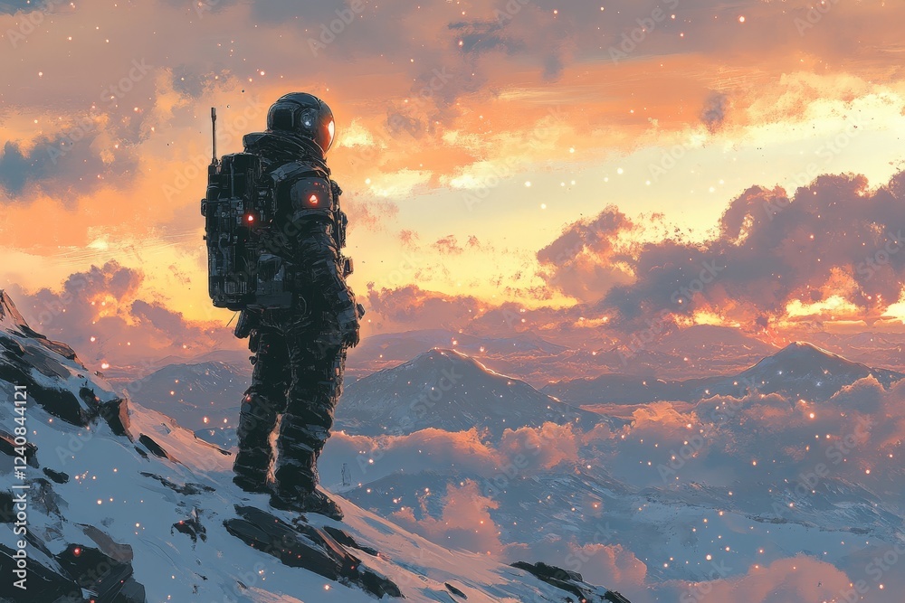 Astronaut stands on snowy mountain at sunset, gazing at distant peaks and colorful sky Astronaut stands on snowy mountain at sunset, gazing at distant peaks and colorful sky