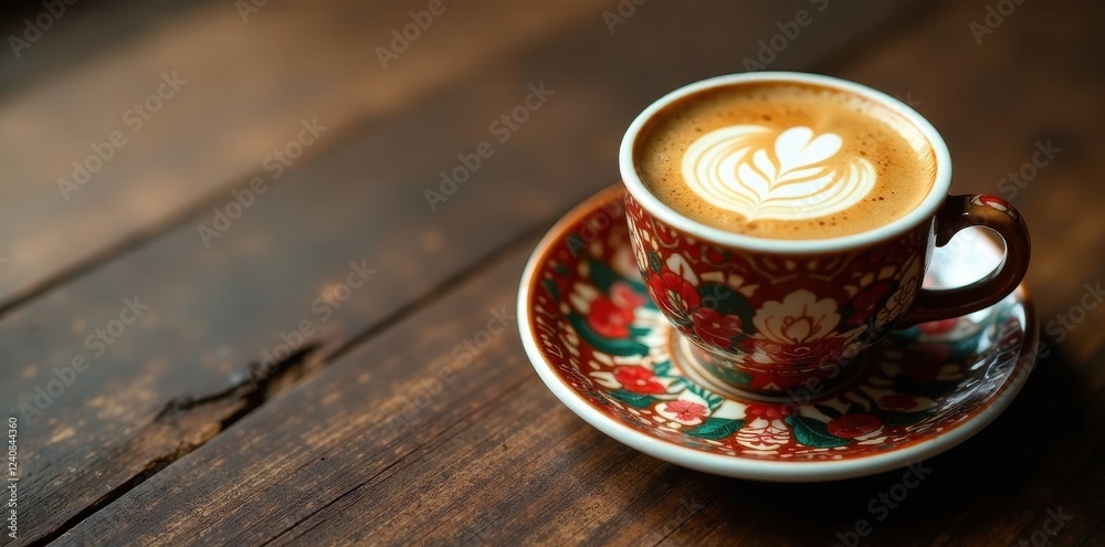 Intricate rosetta design, coffee in cup on wood, close-up, hot, still life Intricate rosetta design, coffee in cup on wood, close-up, hot, still life