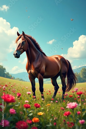 Un cheval endormi dans un champ de fleurs sauvages, fleurs, herbe, verdure
