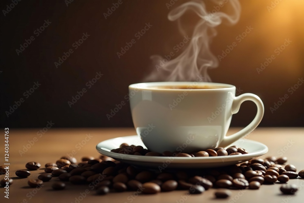 Steaming coffee cup with beans scattered around it, cup, aromatic, steam Steaming coffee cup with beans scattered around it, cup, aromatic, steam