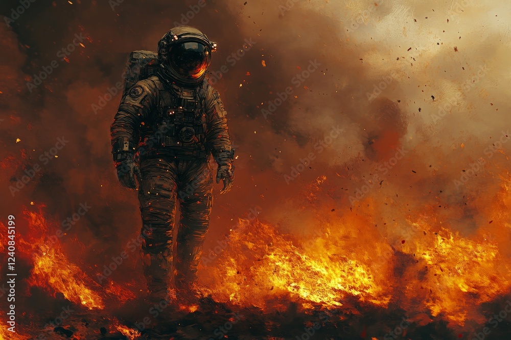 Fototapeta premium Astronaut walks through a fiery landscape during an intense space exploration mission