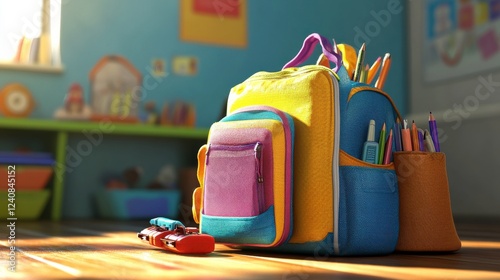 Colorful Backpack in Bright Room with Textured Background photo