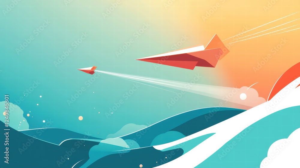 Fototapeta premium image of paper planes flying over colorful waves, symbolizing ambition and dreams. vibrant colors create sense of adventure and freedom