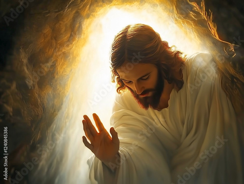 The Resurrection of Jesus Christ. A depiction of Jesus, bathed in divine light, at the moment he leaves the rock tomb to proclaim his resurrection to the world