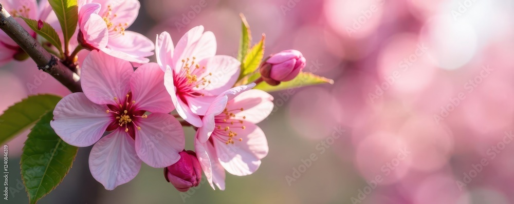 Obraz premium Pink cherry blossoms unfolding in the gentle spring breeze, green leaves, blossoming