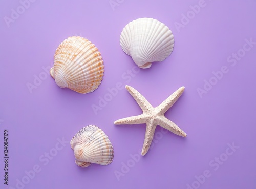 Seashells and shells on purple background with copy space for text. Summer beach banner template, blue ocean marine life. 
