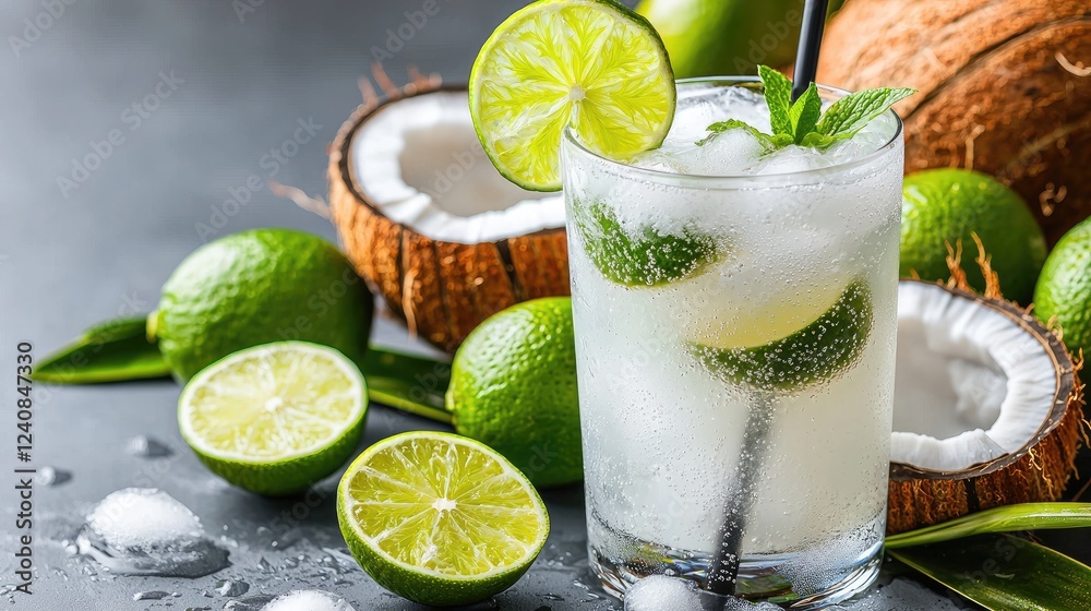 Fototapeta premium Refreshing Coconut Lime Drink, Tropical Summer
