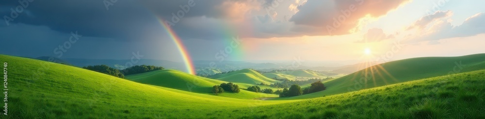 Fototapeta premium Rolling hills, vibrant rainbow arcing overhead, rainbow, landscape, field