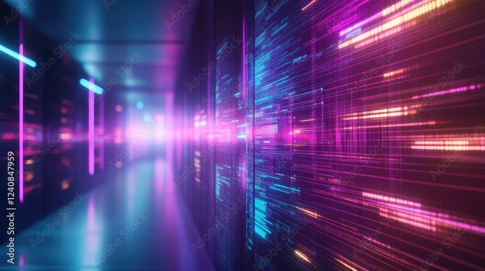 A vibrant corridor filled with neon lights and digital patterns, creating a futuristic atmosphere.