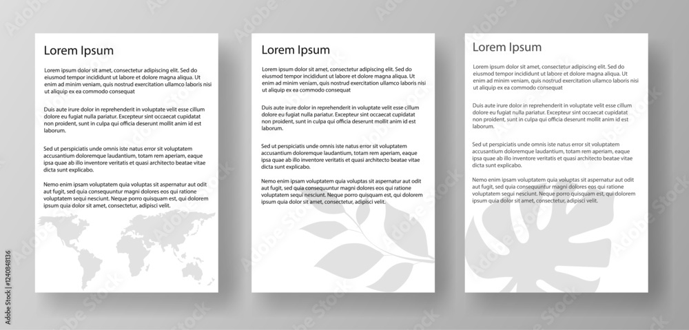 Three A4 letter mockup templates featuring lorem ipsum text and a floral watermark. The documents are displayed on a light gray background. Concept of document layout design. Vector illustration Three A4 letter mockup templates featuring lorem ipsum text and a floral watermark. The documents are displayed on a light gray background. Concept of document layout design. Vector illustration