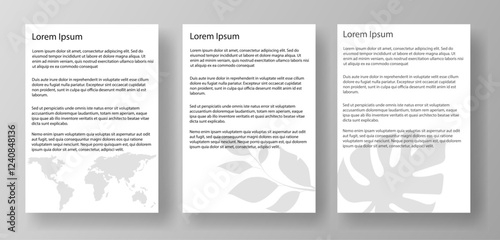 Three A4 letter mockup templates featuring lorem ipsum text and a floral watermark. The documents are displayed on a light gray background. Concept of document layout design. Vector illustration
