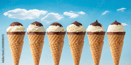 a row of identical ice cream cones with vanilla and chocolate scoops, placed neatly against a sky-blue background, creating a symmetrical and visually appealing dessert image