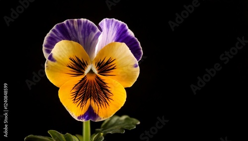 close up of Viola tricolor var. hortensis flower, black background, copy space
