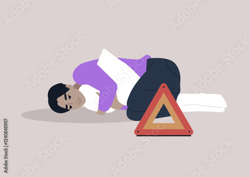 Character expresses distress through artistic warning triangle metaphor representing emotional struggle and vulnerability in a serene setting