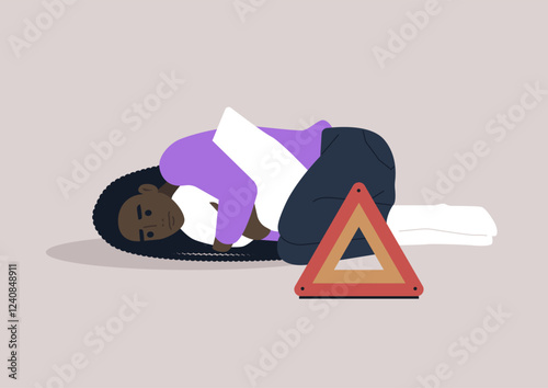 Character expresses distress through artistic warning triangle metaphor representing emotional struggle and vulnerability in a serene setting