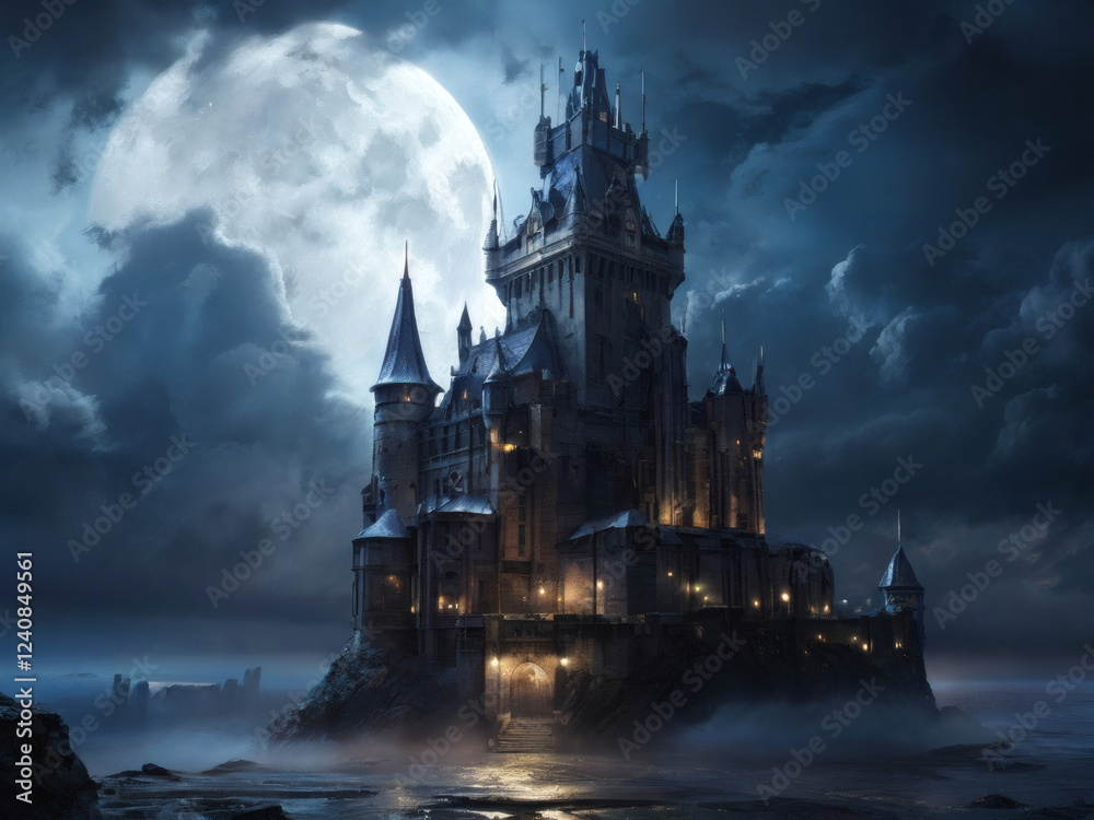 Fototapeta premium Hauntingly Beautiful Castle Under a Full Moon, mysterious castle illuminated by moonlight