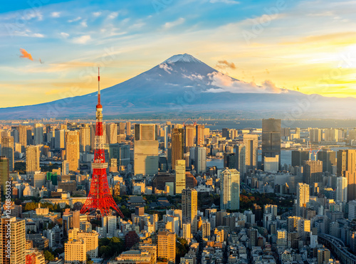 Tokyo skyline with Japan Radio (TV) Tower and Fuji mountain at sunset photo