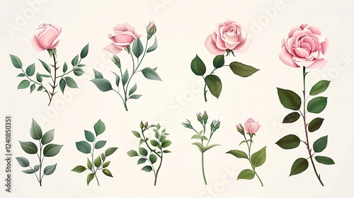 Blossoming Romance: The Alluring Set of Floral Branches with Pink Roses and Green Leaves for Wedding - Inspired Design