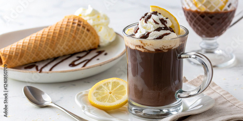 a rich and creamy chocolate drink topped with ice cream and drizzled with chocolate syrup, served alongside a waffle cone to create the ultimate indulgent dessert pairing