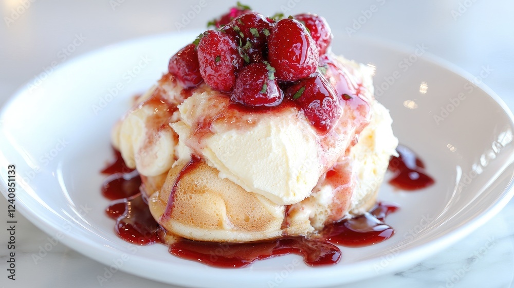 Fluffy pancakes with strawberries and cream, cafe setting Fluffy pancakes with strawberries and cream, cafe setting